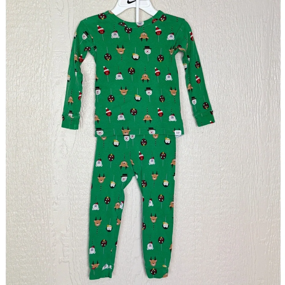 Baby GAP Green Organic Cotton Christmas Lollipop Pajama Set 2T Reindeer Snowman